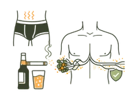 Line art illustration of a human torso with icons for alcohol, smoking, tight clothing, and heat, representing medical & lifestyle factors that cause low sperm count in men.