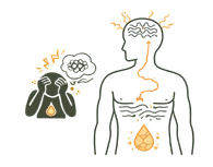 Line art illustration of a person in mental distress and a brain-body connection diagram showing how anxiety impacts reproductive energy, representing psychological stress as a cause of low sperm count in men.