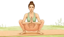 Professional illustration of a person practicing Malasana (Garland Pose) in a deep squat to stretch the pelvic floor and improve blood circulation, a vital movement in yoga for menstrual rhythm.