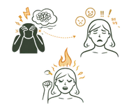 Line art illustration of a person with a storm cloud of anxiety and lightning bolts of stress, connected to silhouettes representing mood swings and emotional fire, illustrating the psychological causes of menopause in women.