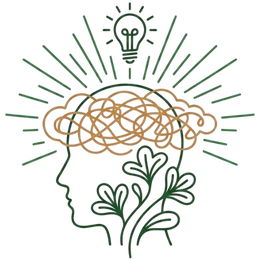 Icon of a human profile with a lightbulb and growing plants representing the restoration of mental clarity and focus through Ayurveda.