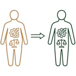 Line art illustration comparing a silhouette with irregular gears and unbalanced scales to a healthy silhouette with smooth gears and balanced scales, representing a metabolic reset as one of the key benefits of Ayurvedic treatment of PCOD.