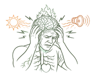 Illustration of a person experiencing a migraine with icons representing sunlight and loud noise as physical triggers.