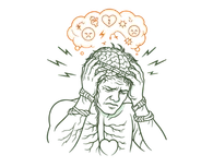 Illustration showing the connection between emotional stress, anxiety, and the onset of intense migraine headaches.