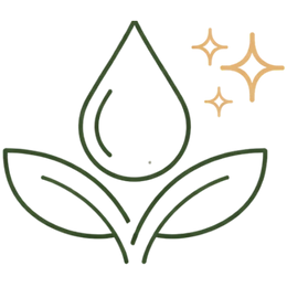 Line art illustration of a water drop nestled between two healthy leaves with sparkling stars, representing the natural lubrication benefits of Ayurvedic treatment for low libido.