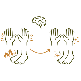 An icon-style illustration showing the transition from burning and tingling sensations in the hands and feet to a healthy, revitalized nervous system, representing the Neuro-Protection and Better Insulin Sensitivity Benefits of Ayurvedic Treatment for Diabetes.