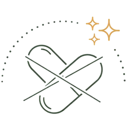 Icon of a crossed out capsule with sparkling stars representing the non-addictive nature of Ayurvedic remedies for stress and insomnia.