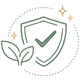 Line art illustration of a shield with a checkmark and natural leaves, representing the no-side-effects key benefits of Ayurvedic treatment for premature ejaculation.
