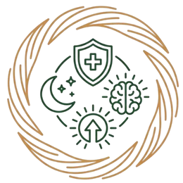 Line art illustration featuring a shield, brain, moon, and vitality symbols within a circular border representing overall health & ojas benefits of Ayurvedic treatment for ED.