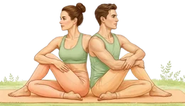Professional illustration of a couple practicing Partner Yoga (Seated Spinal Twist) back-to-back, a connective practice in Yoga for Low Libido.