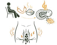 A medical infographic illustrating the chronic constipation causes of piles, showing the impact of a sedentary lifestyle, spicy foods, and internal strain on the rectal area.