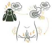 A medical infographic illustrating the Sedentary Lifestyle Causes of Piles, showing the gut-brain connection and how mental stress leads to physical strain in the anal canal.