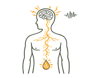 Line art illustration of a person with a lightning bolt in a stress cloud representing psychological causes of premature ejaculation like performance anxiety and chronic stress.