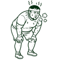Line art illustration of a fatigued man exercising to show breath & sweat and slow metabolism signs.