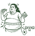 Illustration of a woman struggling with abdominal weight gain and food cravings alongside icons for hormonal and menstrual health representing PCOS symptoms.