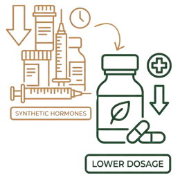 Line art illustration comparing a cluster of synthetic hormone bottles and syringes to a single natural herbal bottle with a "lower dosage" label, representing reduced medical dependency as a key result of practicing yoga for thyroid health.