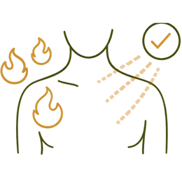 Line art illustration of a torso silhouette where intense flame icons are being transformed into cooling rays marked with a checkmark, representing how the treatment effectively reduces hot flashes as one of the key benefits of Ayurvedic treatment for menopause.