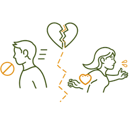 Line art illustration of a man and a woman facing away from each other with a broken heart symbol and a zig-zag line between them, representing the relationship breakdown risk of ignoring low libido.