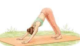 Woman practicing Adho Mukha Svanasana or Downward Facing Dog pose to improve blood flow to the scalp and reduce hair loss.