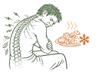 Illustration showing how poor posture and a cold, heavy diet contribute to nerve pain and spinal stiffness.