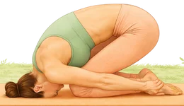 Illustration of a woman practicing Shashankasana or Rabbit Pose on a yoga mat to calm the nervous system and relieve migraine pain.