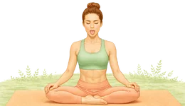 Professional illustration of a person practicing Sheetali Pranayama (Cooling Breath) in a comfortable seated position, with the tongue rolled to inhale cool air, representing a vital cooling technique in yoga for menopause.