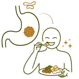 An icon-style illustration showing a stomach with a mass and a person enjoying a healthy meal, representing how the treatment Shrinks Mass and improves appetite, highlighting the Benefits of Ayurvedic Treatment for Piles & Fissure.