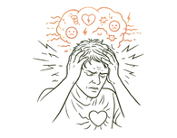 Illustration of a person with a thought cloud representing emotional triggers like grief sadness and mental overwhelm causing stress and anxiety.