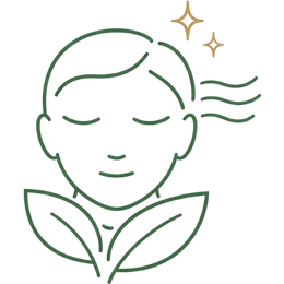 Line art illustration of a serene face with leaves and air currents, representing the stress reduction key benefits of Ayurvedic treatment for premature ejaculation.