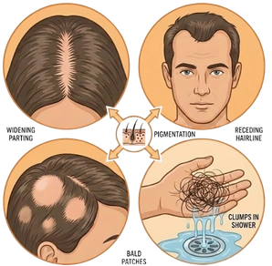 Signs of hair loss including widening part, receding hairline, bald patches, and hair clumps in shower.