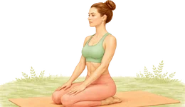 A serene illustration of a woman practicing Vajrasana (Thunderbolt Pose) on a yoga mat outdoors, demonstrating the ideal posture in Yoga for GERD Ayurvedic Treatment to enhance digestion and relieve acidity.