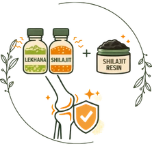 Supplements Lekhana and Shilajit with a protective knee shield for Phase 3: Lekhana & Rasayana (Days 61–90) weight loss plan.