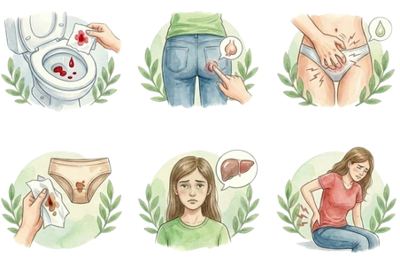 A comprehensive medical infographic showing the symptoms of piles, including rectal bleeding, painful lumps, itching, and lower back discomfort.