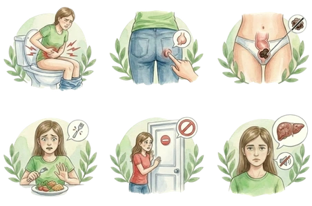 A detailed medical infographic displaying the Symptoms of Fissure, including sharp pain during bowel movements, localized swelling, and loss of appetite due to digestive discomfort.