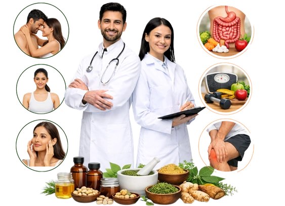 Two professional Ayurvedic doctors standing with cross-armed confidence, surrounded by symbols of holistic health and natural herbs, representing Why Choose AshwaKaya.